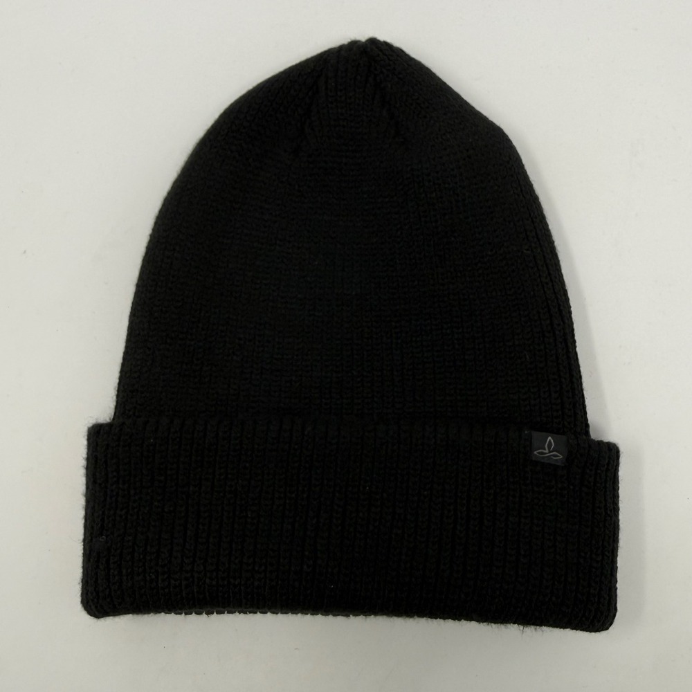prAna Black Ribbed Knit Cuffed Beanie Hat Logo Tab Unisex One Size